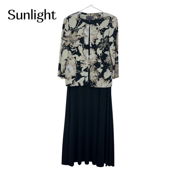 Jessica Howard Women Floral Print Sequin Jacket Maxi Dress Set SZ 6 Black/Beige - Picture 2 of 16